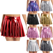 Women Metallic Shiny Mini Skirt High Waisted A-line Dancewear for Raves Clubbing