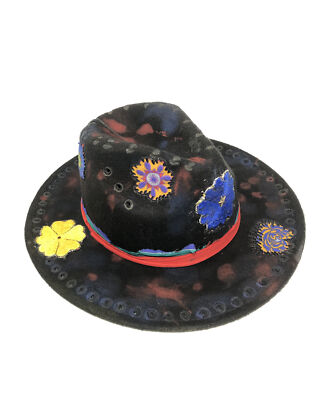 Tazzle s 1of1 Custom Western Fedora Hat-Black Felt, Colorful Flowers, Cross Etc