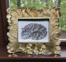 Tabby Cat watercolor print of painting in mini vintage style ornate frame