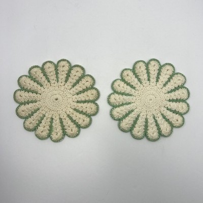 Handmade Crochet Daisy Coasters Set of 2 Vintage Floral Retro Boho Grandma Green
