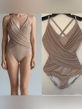 Kelle dance lyrical costume tan blush drape mesh leotard LA-Large adult