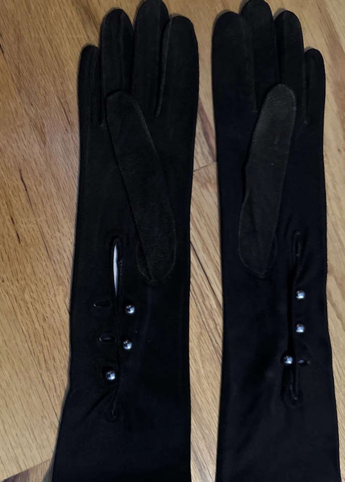 Vintage Long Black Leather Opera Gloves with Button Closure, 22 inches - Image 2 of 4