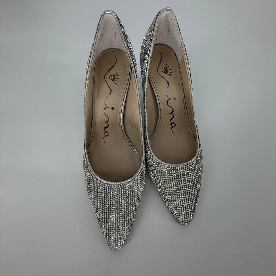 Zapatos de salón Nina para mujer talla 6,5 plateados estrás tacón de gatito punta puntiaguda Foto 4 de 4