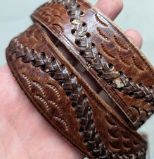 vintage TOOLED buckle belt HANDCRAFTED cowhide leather 42 brown WESTERN patina