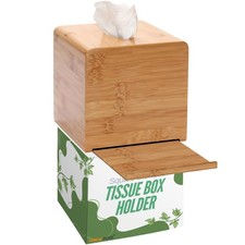 Performore Square Bamboo Tissue Box Cover - Stylish Water-Resistant Wooden Fa...