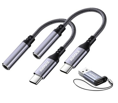 AVMAX USB C to 3.5mm Audio Headphone Adapter HiFi 2 Pack,Type c Aux Gray 