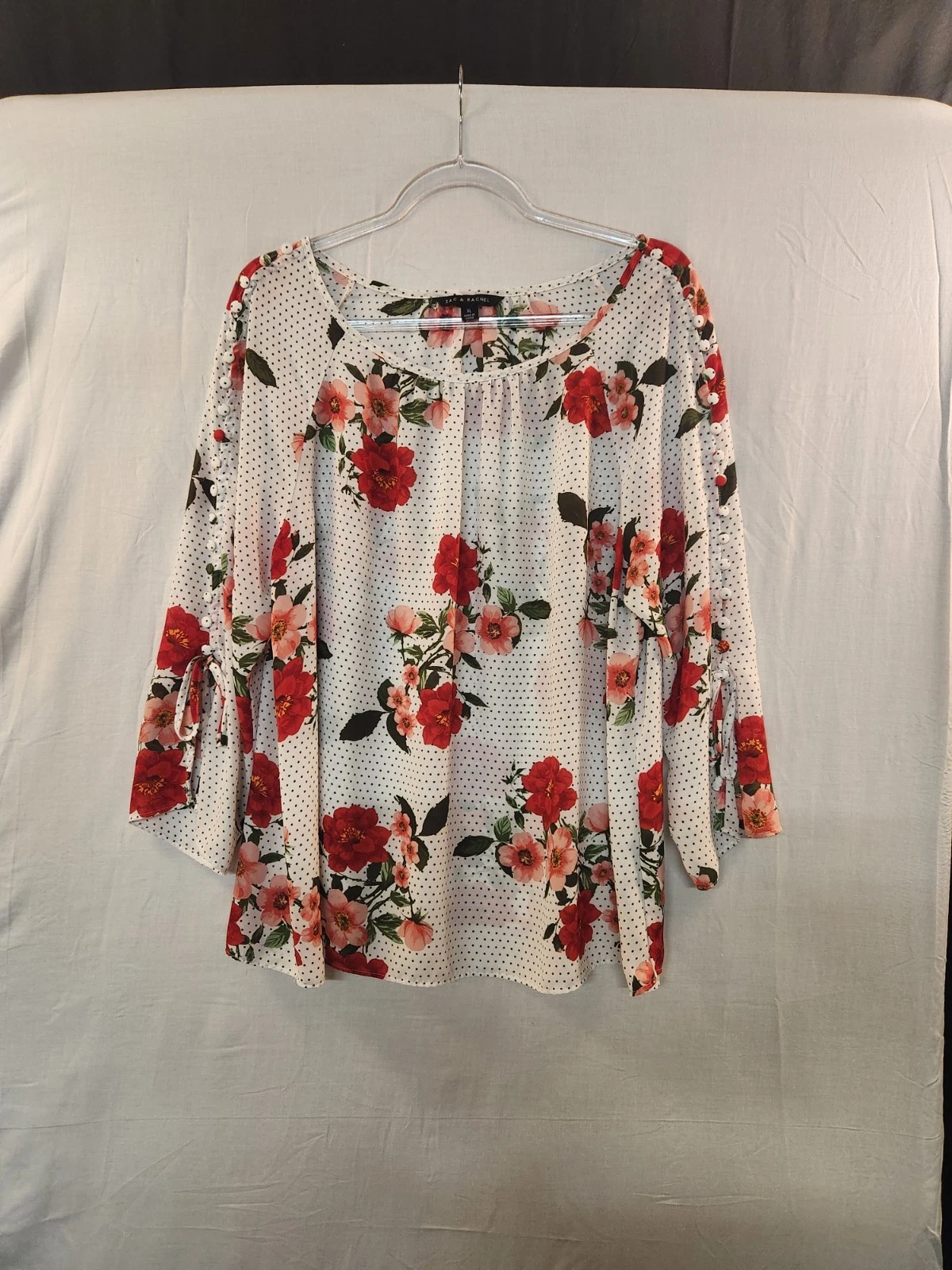 Zac & Rachel Women Red Floral Chiffon Flowy Blouse Size XL Sheer Whimsical Airy