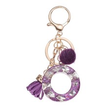 Initial Letter Keychain, Cute Alphabet Letter-O Charm with Tassel Ball, Purple