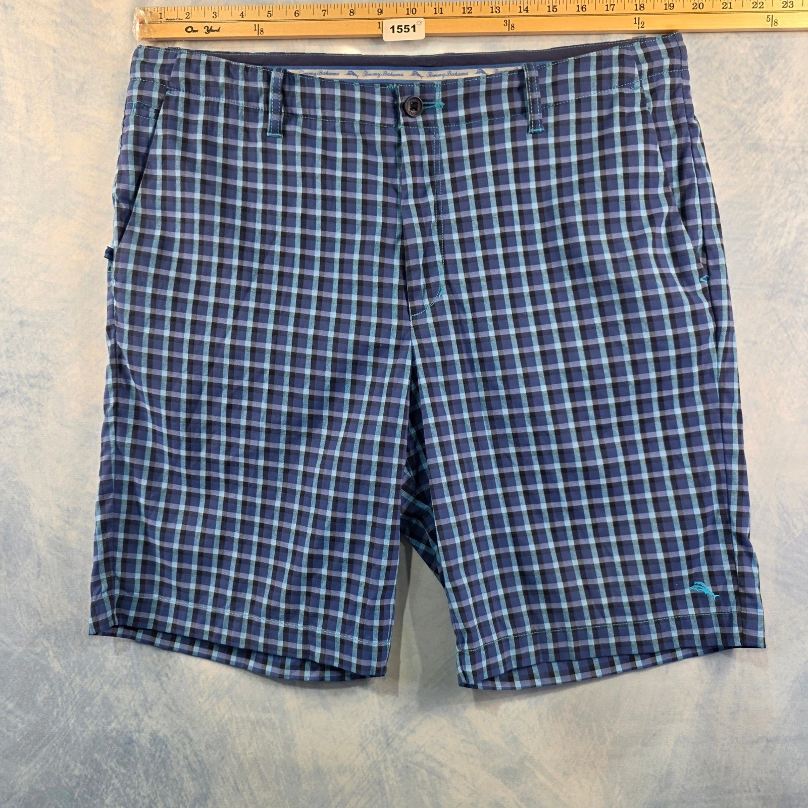 Tommy Bahama Mens Blue Plaid Hybrid Board Shorts Size 38 Quick Dry Mesh Lined