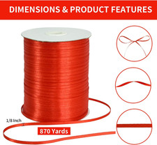1/8 Inch X 870 Yards Red Thin Solid Satin Ribbon Giant Spool Double Face Wove...
