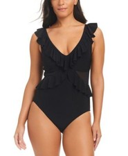 Beyond Control Womens Ruffled One-Piece Swim Black 16