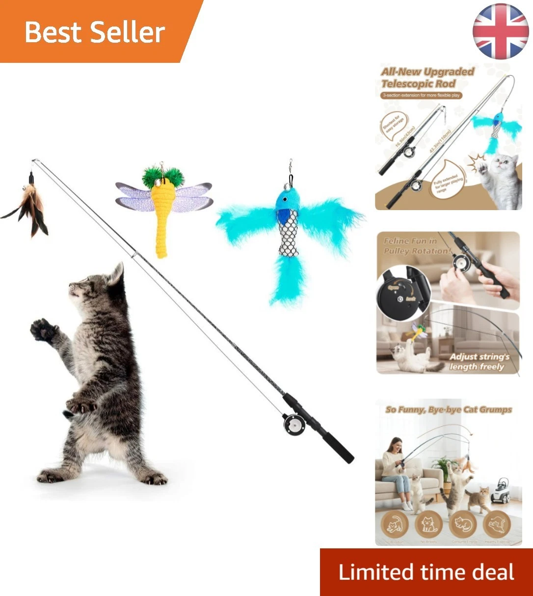 Interactive Retractable Cat Teaser Wands - 4 Pack with Hand-operated Pulley