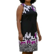 Maya Brooke Midi Shift Dress Size 18W Black Purple White Geometric Textured Zip