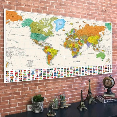 POSSBAY 150cm*100cm Vintage Map of World Poster with Flag Wall Art Print Travel Kid Home