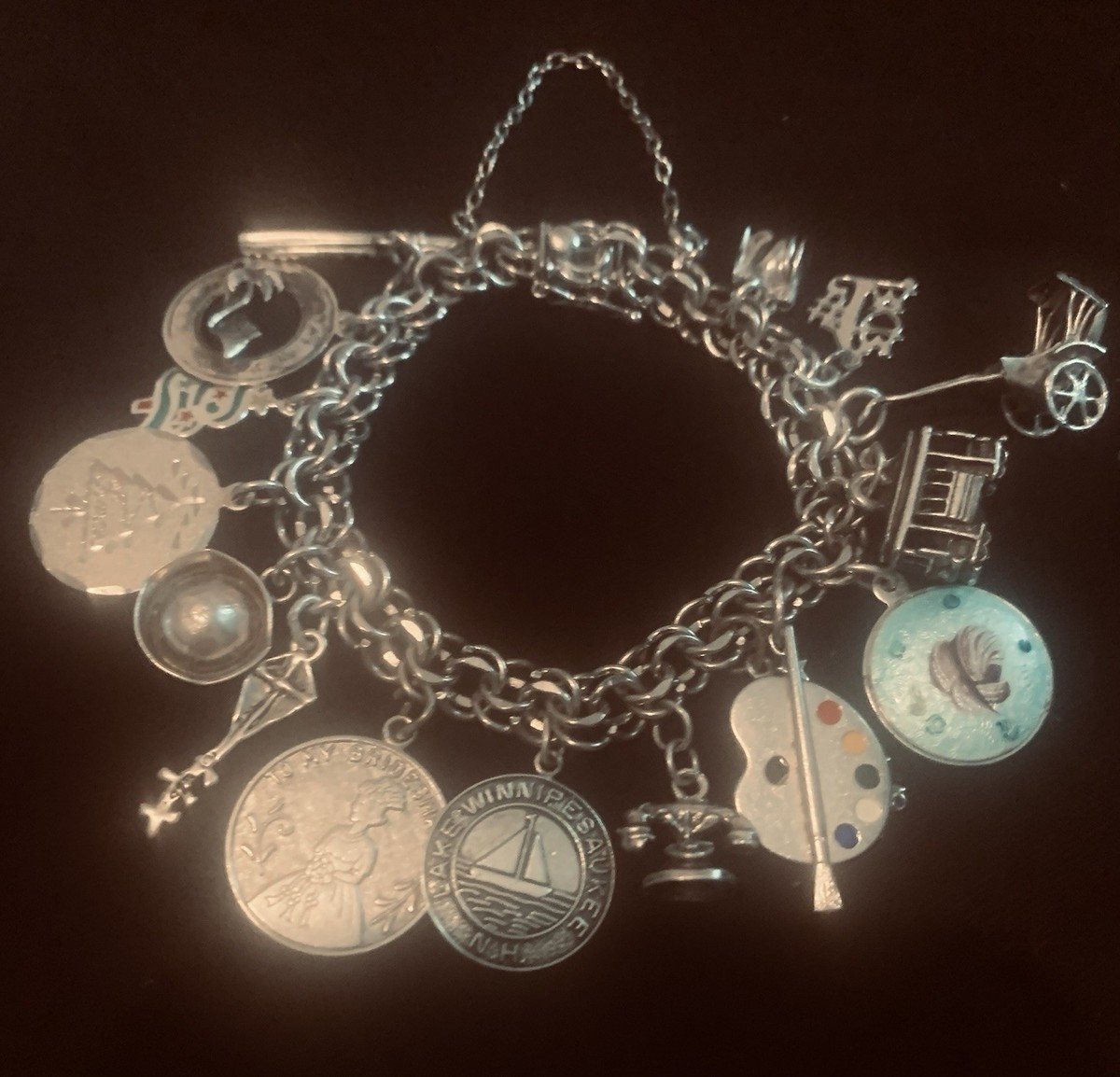 Vtg Sterling Silver -American Sterling’ 7” Double Link Charm Bracelet & 16Charms View 2