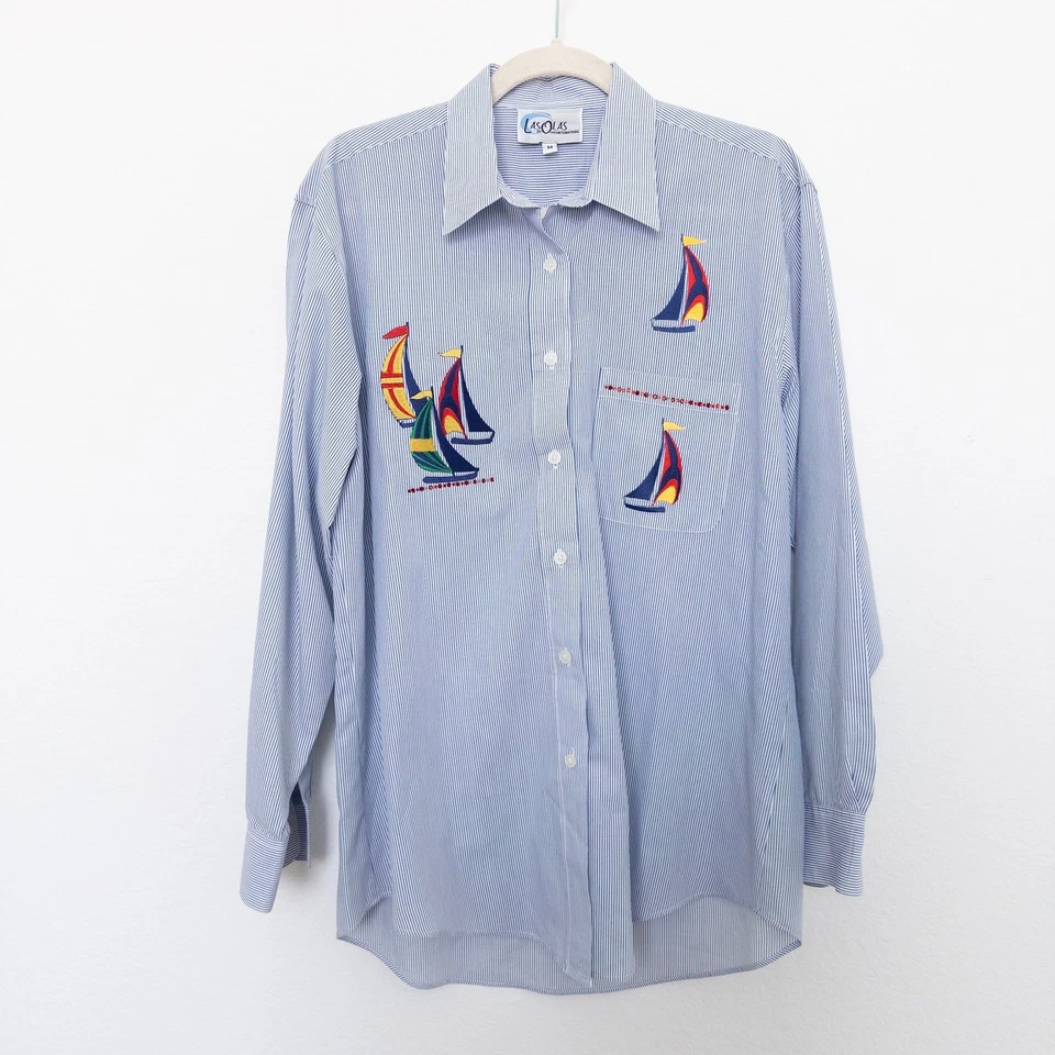 Camisa De Colección Las Olas Para Hombres Talla M Azul Rayas Abotonada Bordada Barco Náutica Foto 2 de 4