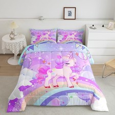 Unicorn Girls Bedding Set Full Kawaii Cute Rainbow Unicorn Comforter Set Reve...