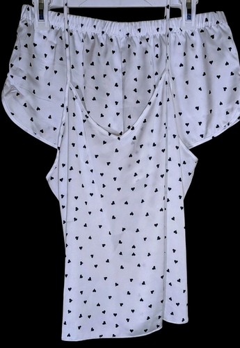 Ekouaer Women's Silky Satin Pajama Set Size Med White w/ Black Hearts - Picture 2 of 6