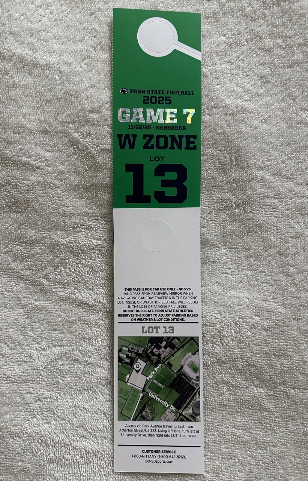 PSU Preferred Parking Pass vs Nebraska, lot 13