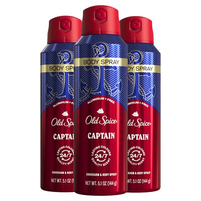 Old Spice Captain Body Spray Pack of 3 Aluminum Free 5.1 Ounce Long Lasting S...
