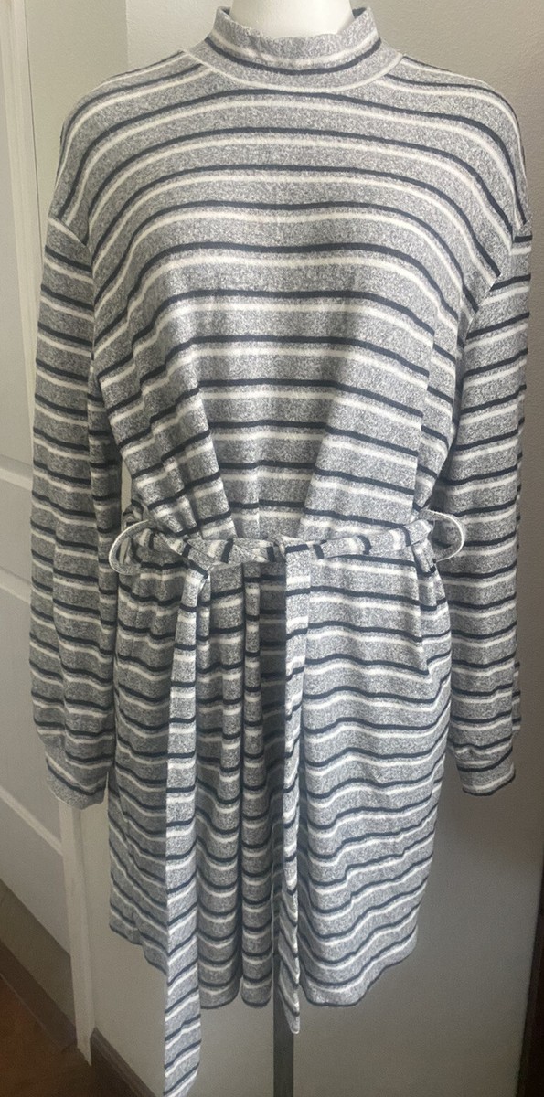 Women's LG Topshop Gray Striped Fleece Sweater Dress Long Sleeve