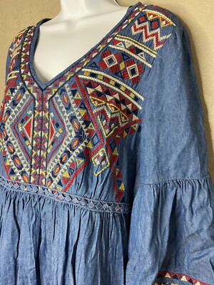 Cavenders Rockin C Women's Sz M Denim W/ Multicolored Embroidery Tunic Dress  EUC | eBay
