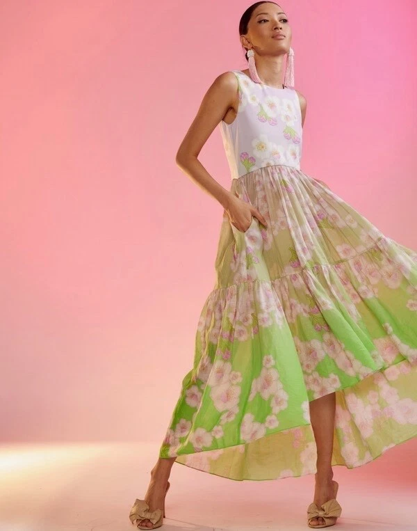 Vestido Cynthia Rowley Ramie Tier Sin Mangas Floral Alto Bajo Rosa Verde Talla Pequeña Foto 3 de 4
