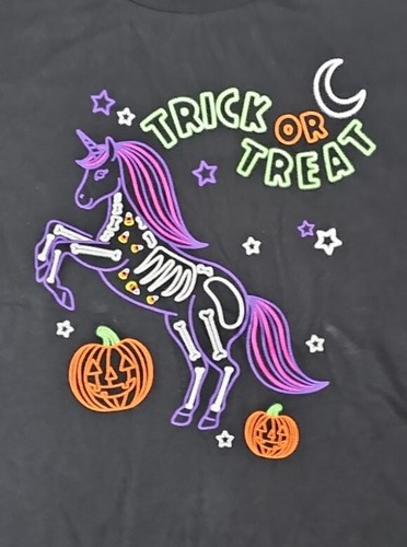 Girls Black & Neon Unicorn Trick or Treat Halloween T-Shirt Tee Shirt Size Med. - Picture 2 of 7