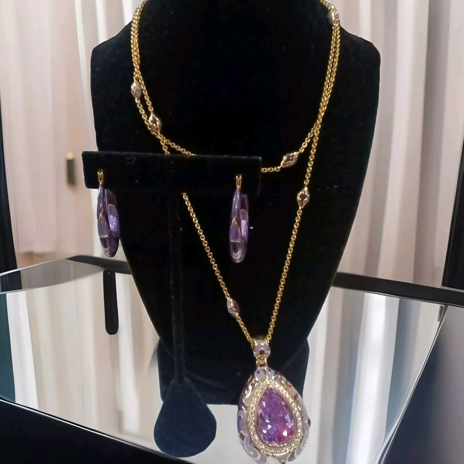 LAUREN G ADAMS GOLD TONE ENAMEL & 11.8MM CRYSTAL CZ PENDANT & EARRING 18K PLATED