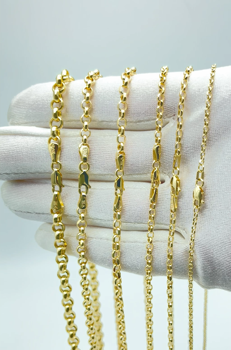 14K Real Gold Rolo Chain Necklace 1.5-5.2mm Diamond Cut Round Link