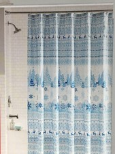 Holiday Time 13 Piece Fabric Shower Curtain and Hooks - Blue Reindeer Forest