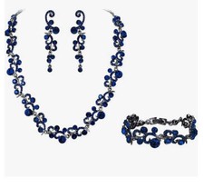 Ever Faith Crystal Bridal Flower Wave Necklace Earrings Bracelet Blue Black-Tone