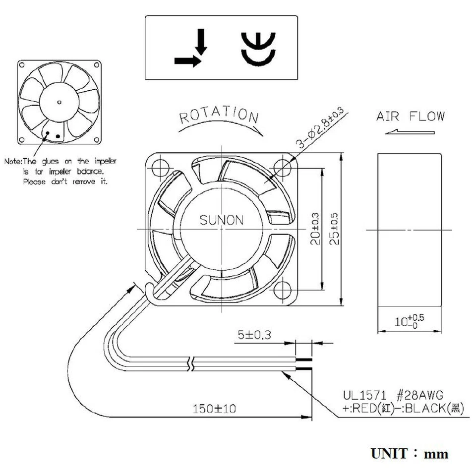 Lüfter 5V DC 0,33W 25x25x10mm 5,1m³/h 9800U/Min 5,1m³/h Sunon MF25100V21000UA99 - Bild 2 von 4