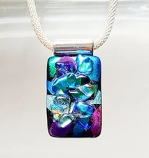 Jewel Tones Chunky Handcrafted Dichroic Glass Pendant Silver Mesh Necklace Incl