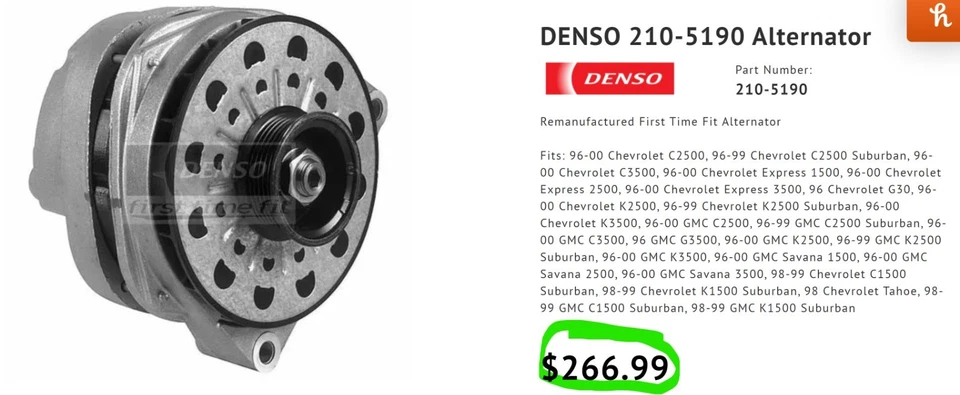 Generador alternador 124 amperios para camioneta 96-00 Chevy/GMC serie C/K 96-99 Yukon Foto 2 de 4