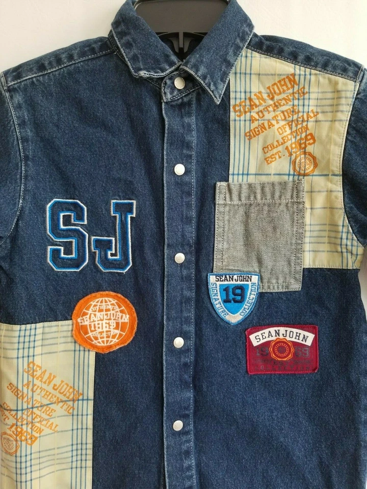 Sean Jean винтажный мальчиков нашивка рубашка кнопка спереди синий джинсовой ткани длинным рукавом размер 7 - Изображение 3 из 4