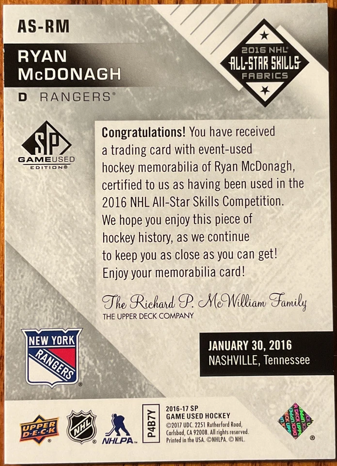2016-17 SP Game Used All Star Skills Fabrics Ryan McDonagh #AS-RM - Image 2 of 2