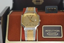 RARE Men's Accutron Bulova Gold & Silver Swiss 7083 Quartz Octagonal Shape Watch