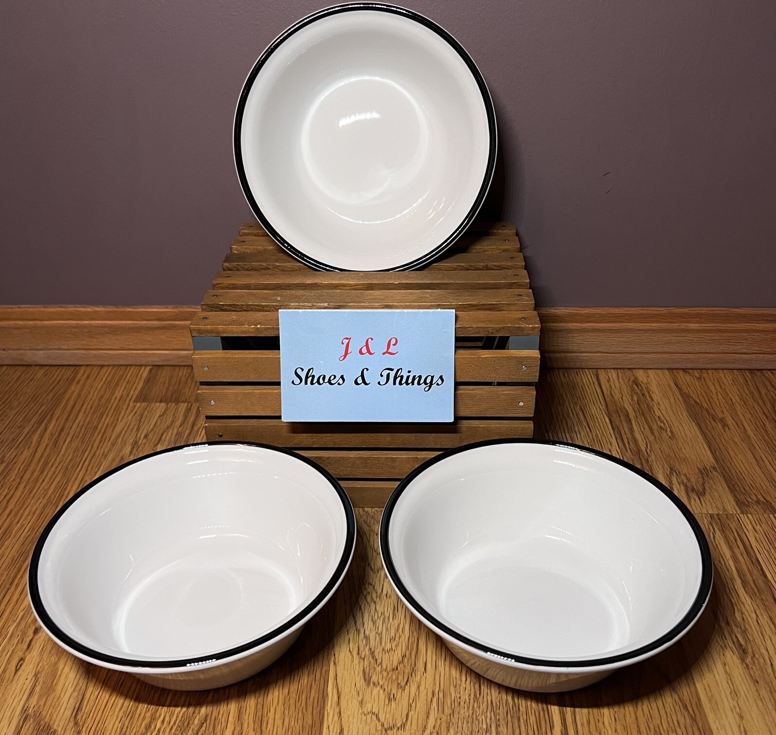 Gibson Home (3) Cereal Bowls 7&rdquo; White with Black Trim  EUC