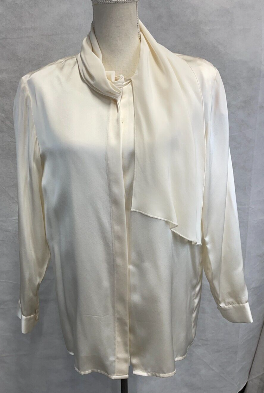 Layla Mitra Cream Silk Blouse with Scarf Detail Size 8
