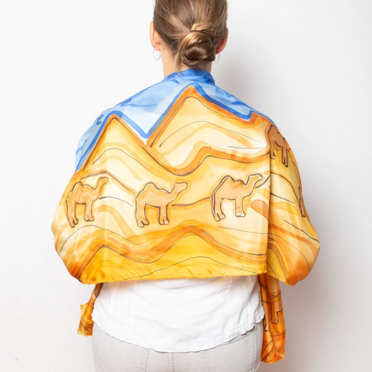 Hand Painted Silk Scarf Camel Print Orange Blue Camel Morocco Sahara Arabia