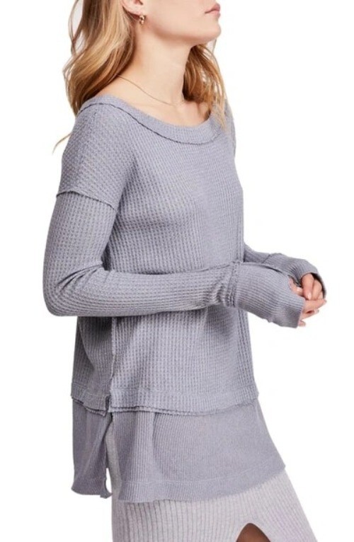 We The Free People Top Sz S North Shore Thermal Grey Waffle Knit Sweater Cozy