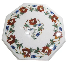 12" White Marble Coffee Corner Table Top Carnelian Inlay Marquetry Garden Decor
