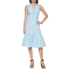 Calvin Klein Size 14 Blue Gingham Sleeveless Front Knot Midi Dress Ruffle B13