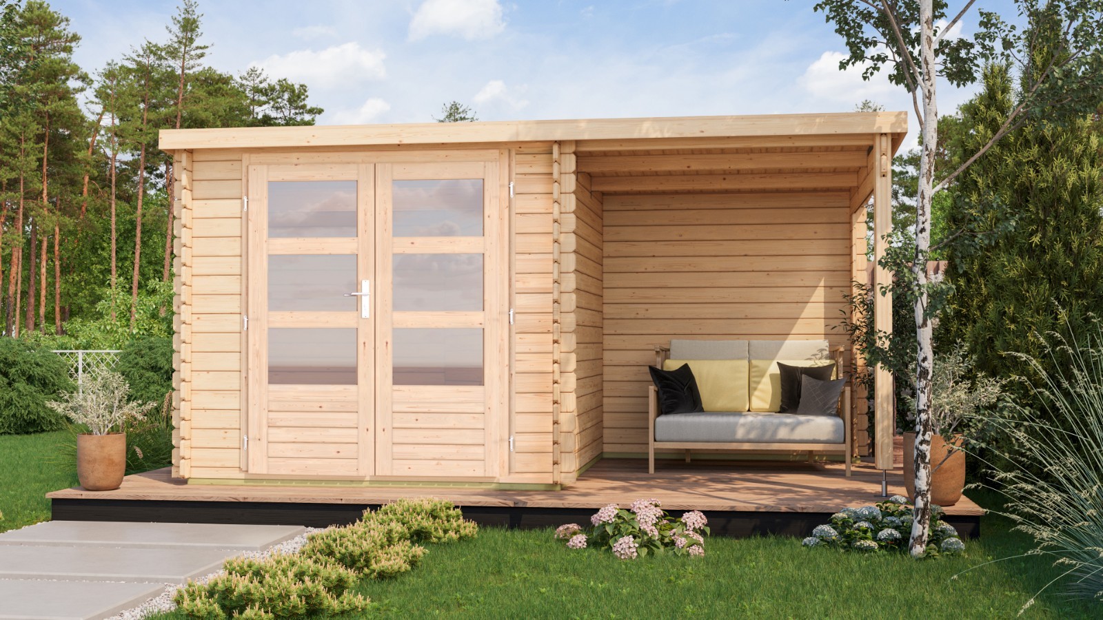 Gartenhaus Holz 28mm mit Anbau Torremolinos Z naturbelassen 28mm 418 x 251 cm