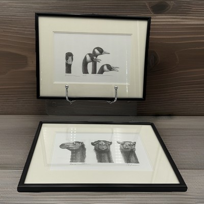 Set Of 2 Pencil Drawings Camels & Geese Artist Signed, Numbered & Dated Framed