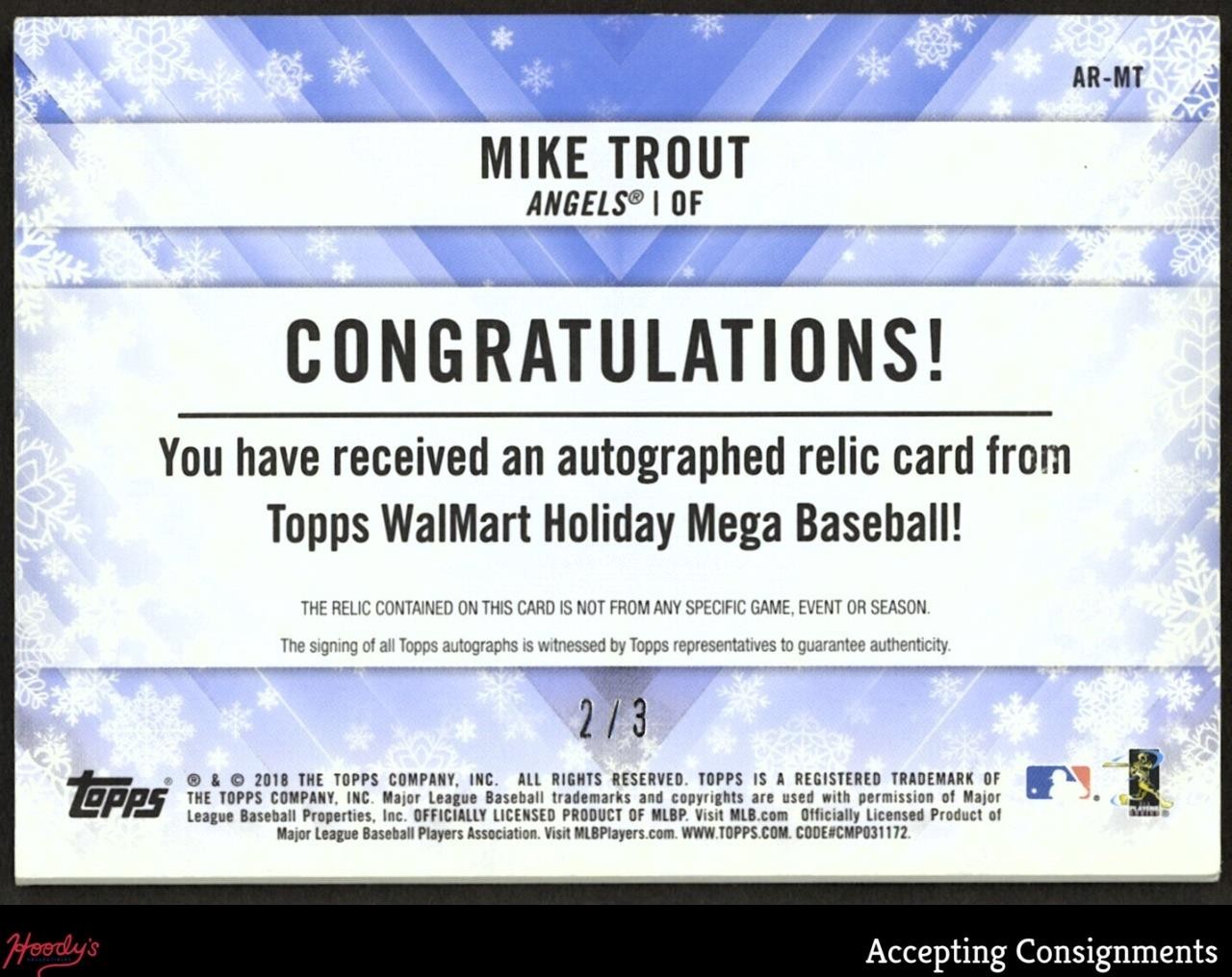 2018 Topps Walmart Holiday Snowflake Metallic Mike Trout GAME-USED PATCH AUTO /3 view 2