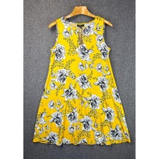 MSK Yellow Floral Sleeveless Swing Dress Gold Detail Women Size M Chic Flirty