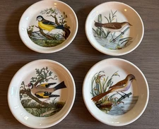 4 PORTMEIRION Birds of Britain Coasters Warbler Goldfinch Bearded &Blue Tit 4.5”