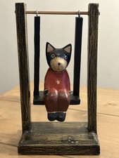 Vintage Hand Carved and Painted Wooden Cat Figurine on a Swing Cottage Core